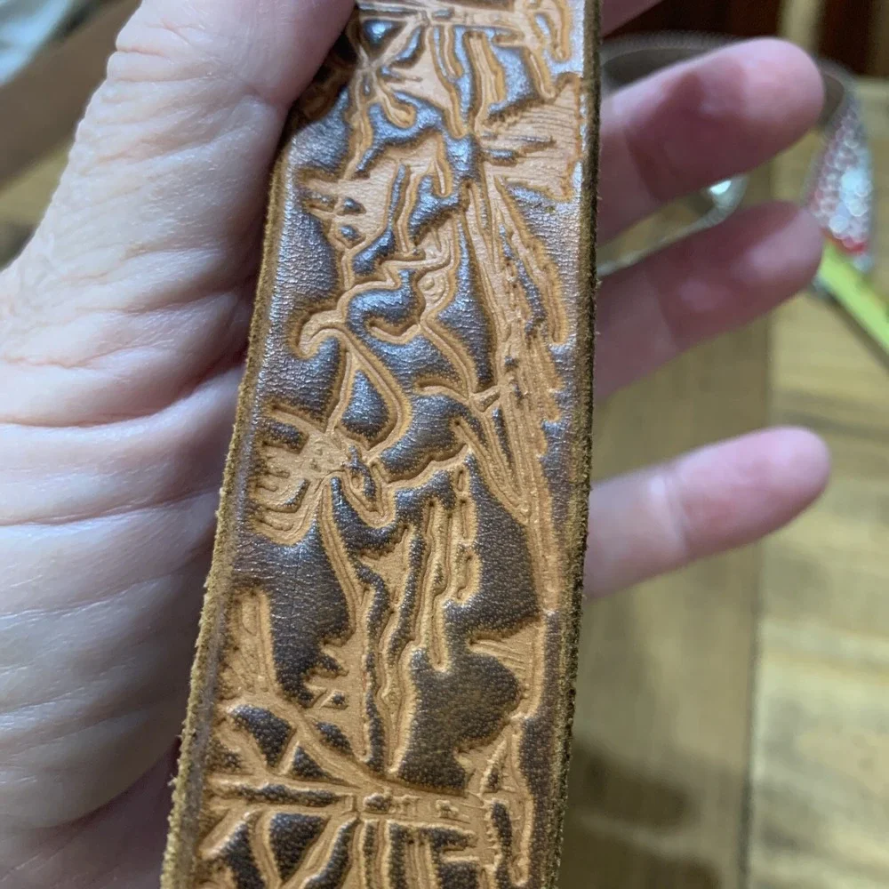 Western Hand Tooled Leather Belt Deer Antler Mountain Theme Buckle 41-48